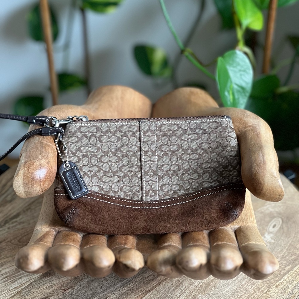 Coach Signature C Logo Jacquard Canvas and Suede Wristlet in Khaki GUC